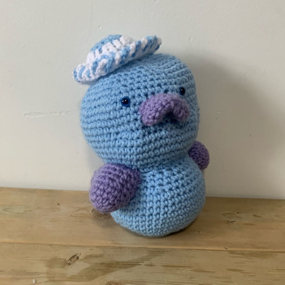 Handmade Crochet Blue Duck Plush Wearing A Hat